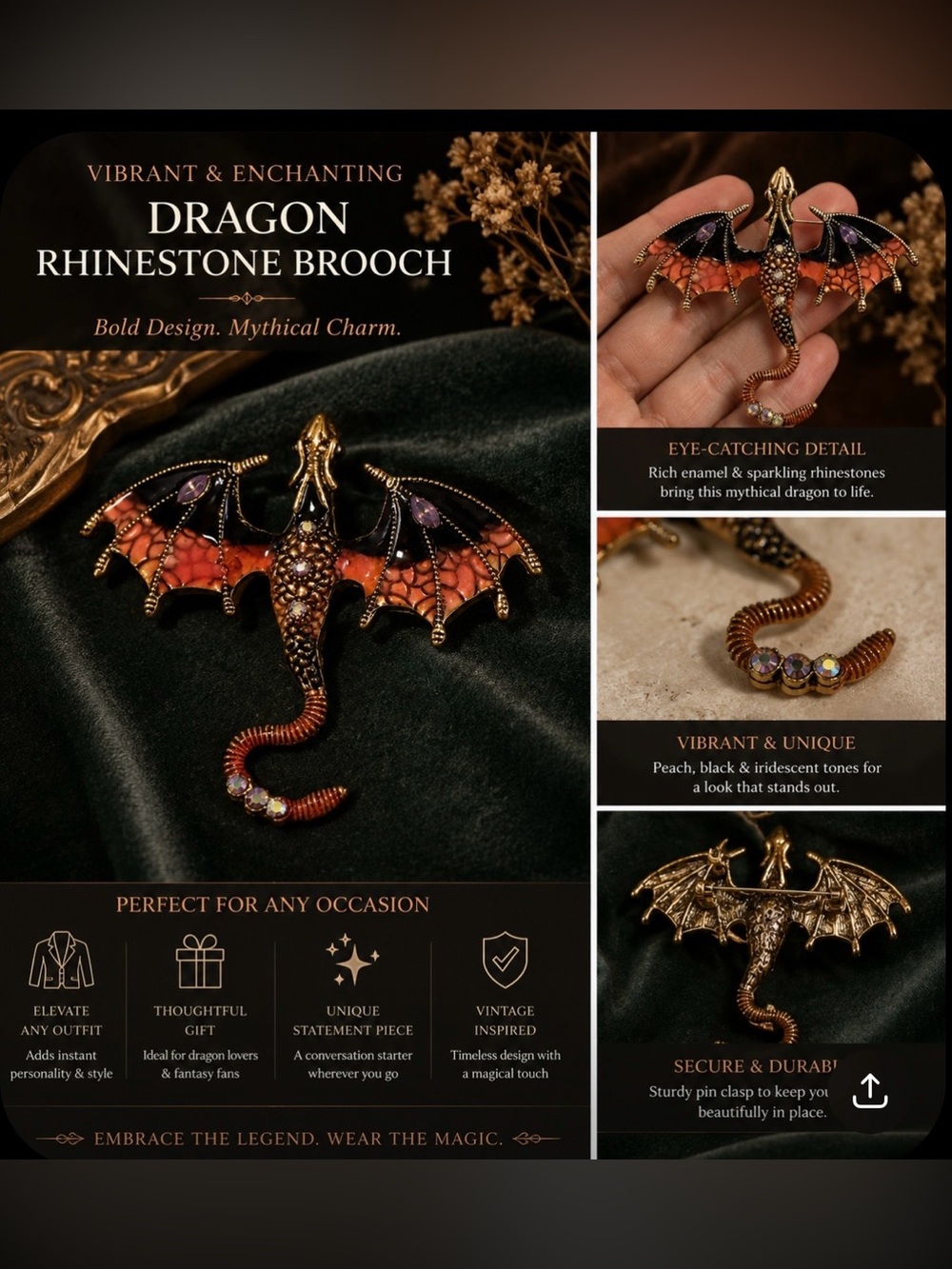 Vibrant peach & black enamel Dragon Rhinestone Brooch